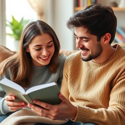 Bild eines jungen Paares, das ein Buch liest und l&auml;chelt