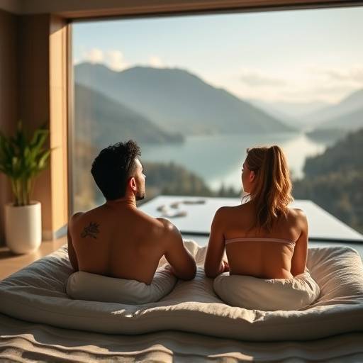 Ein Paar entspannt sich in einem Wellness-Bereich mit Blick auf einen Bergsee.
