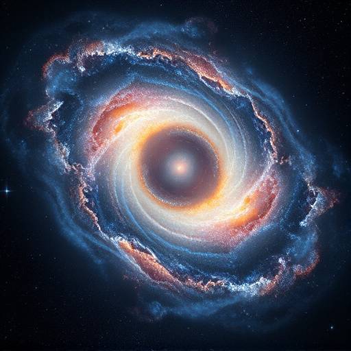 Ein Teleskop-Bild, das eine weit entfernte Galaxie zeigt, die durch Gravitationslinseneffekte verzerrt ist.
