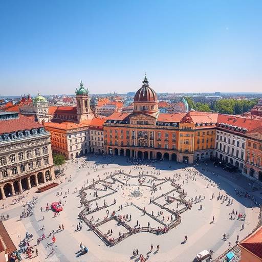 Luftaufnahme eines belebten Wiener Stadtplatzes mit historischen Geb&auml;uden, die die N&auml;he der Nachrichten-Echo Redaktion zu wichtigen Orten symbolisieren.