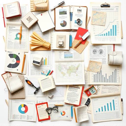 Montage von verschiedenen Nachrichtenartefakten: Zeitungsausschnitte, Computerbildschirme mit Charts, Notizb&uuml;cher