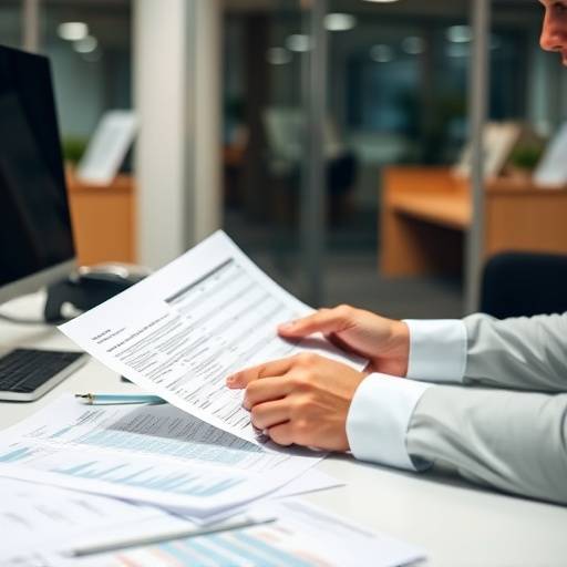 Person, die am Schreibtisch sitzt und Finanzdokumente pr&uuml;ft